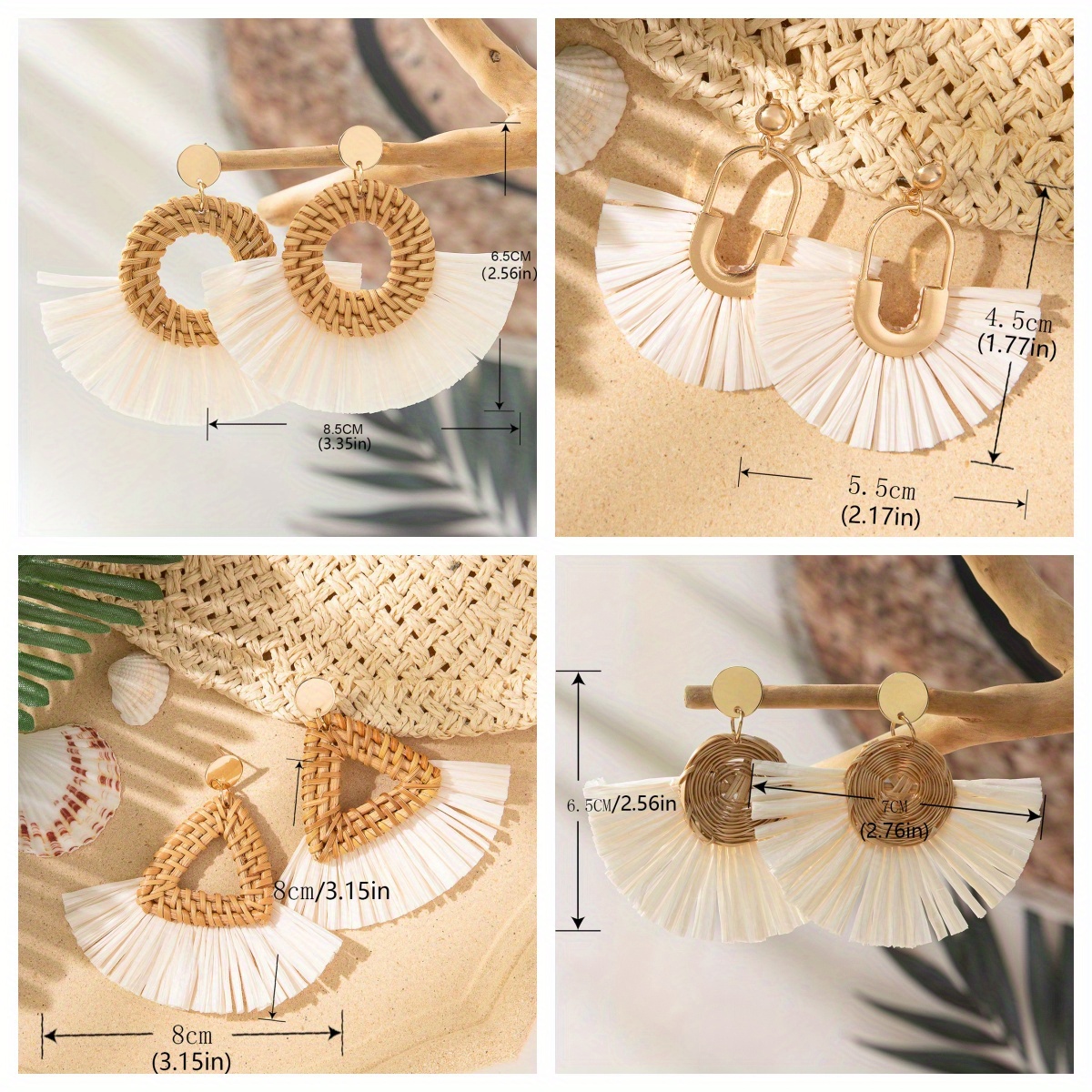 Raffia Grass Tassel Rattan Dangle Earrings Boho Vacation Style